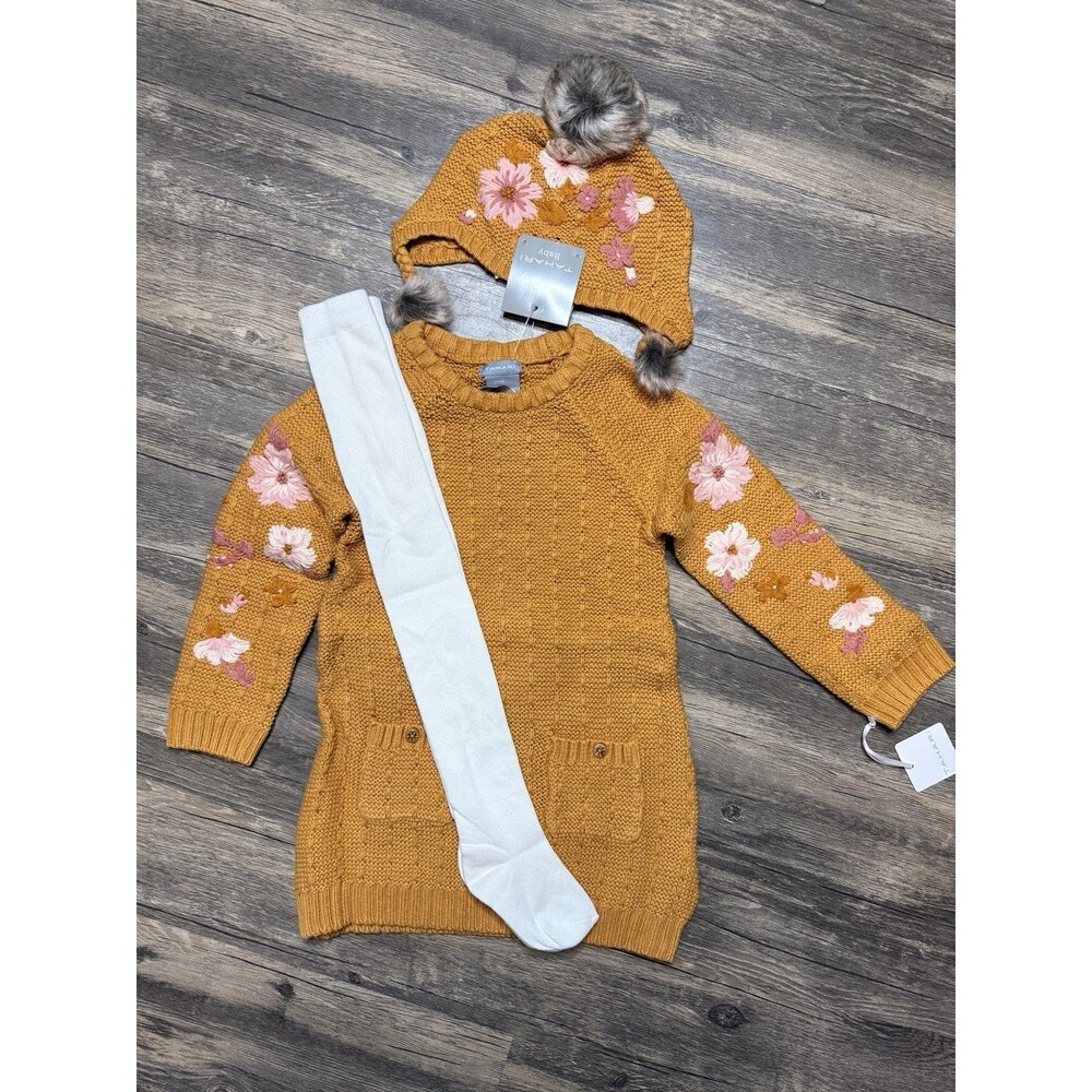 NWT Tahari Baby Girls 4T Sweater Dress Hat Tights Floral Cottagecore Fall Set